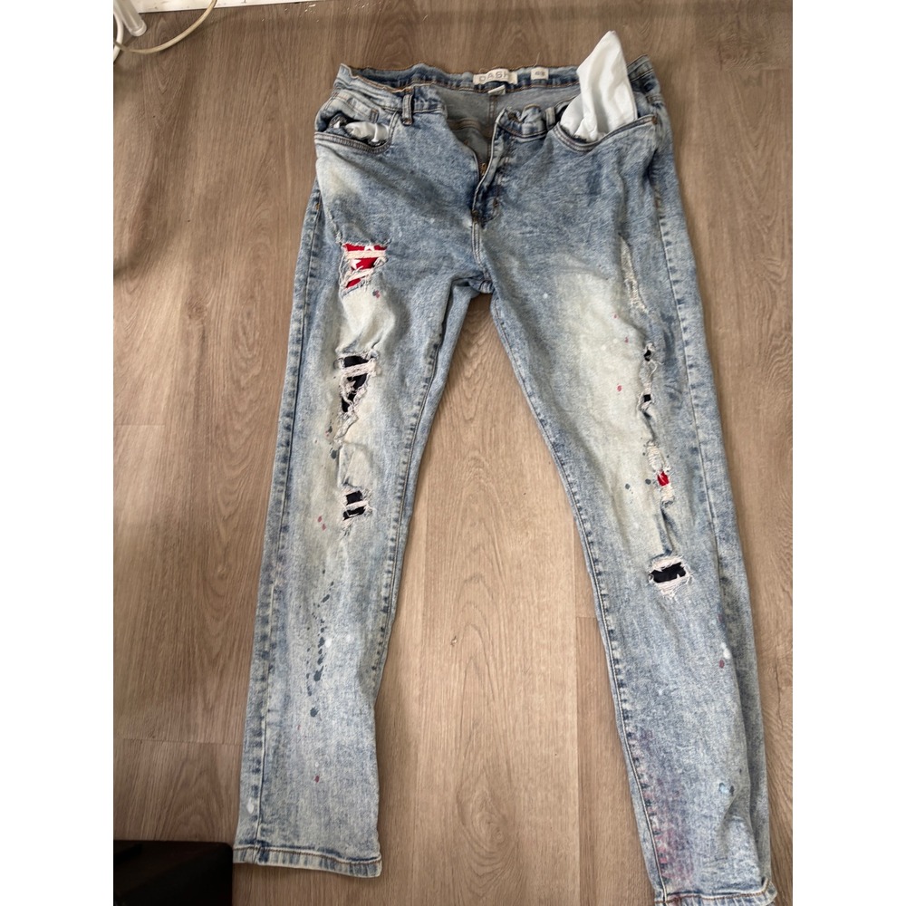 DASH Mens Distressed Acid Wash Jeans 42x32 Light Blue Paint Splatter Ripped Slim